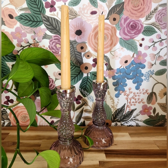 Vintage Style Amethyst Purple Glass Taper Candle Holders (2) - Picture 2 of 5